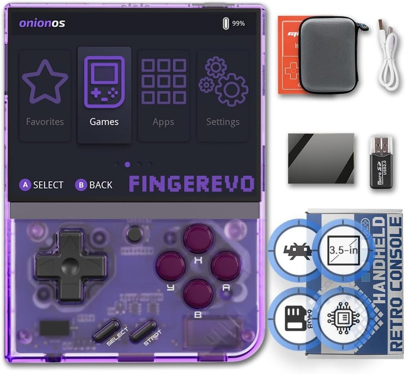 FINGEREVO وحدة تحكم ألعاب محمولة Miyoo Mini Plus OnionOS بشاشة 3.5 بوصة 640*480 3000mAh Miyoo-mini+ مع حقيبة محمولة شفافة بنفسجي - Image 1